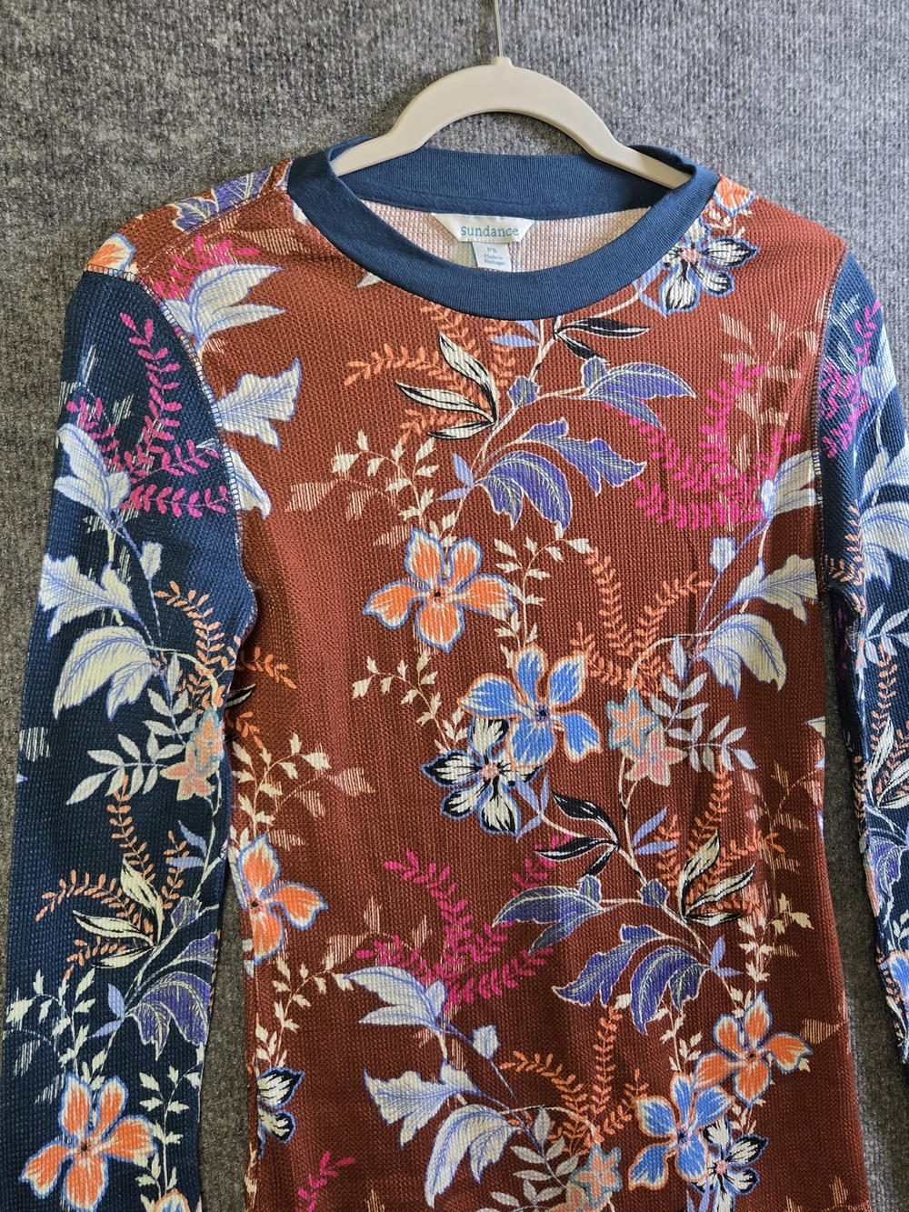Sundance T Shirt Women PS Burnt Orange Blue Floral Thermal Earthy Fall Layering - Picture 3 of 10